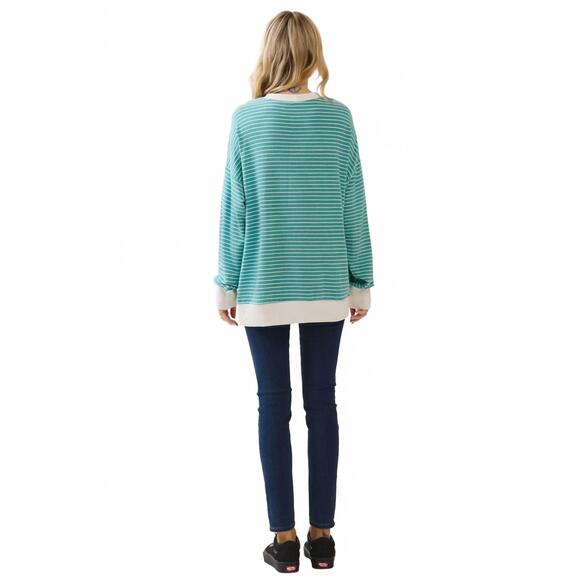 NEW 7TH RAY striped drop shoulder pullover in teal - Picture 5 of 5